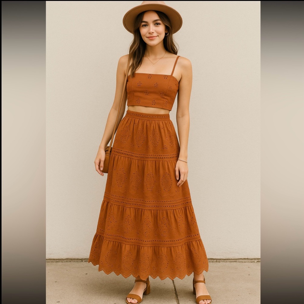 Jason Wu Skirt Set Eyelet Embroidery Midi Skirt Corset Crop Top Rust Size XS
